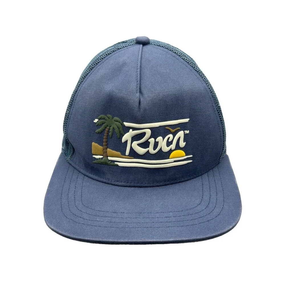 RVCA Trucker Hat Mid Fit Blue Snapback Mesh Rubber Logo Beach Surf Cap OSFM